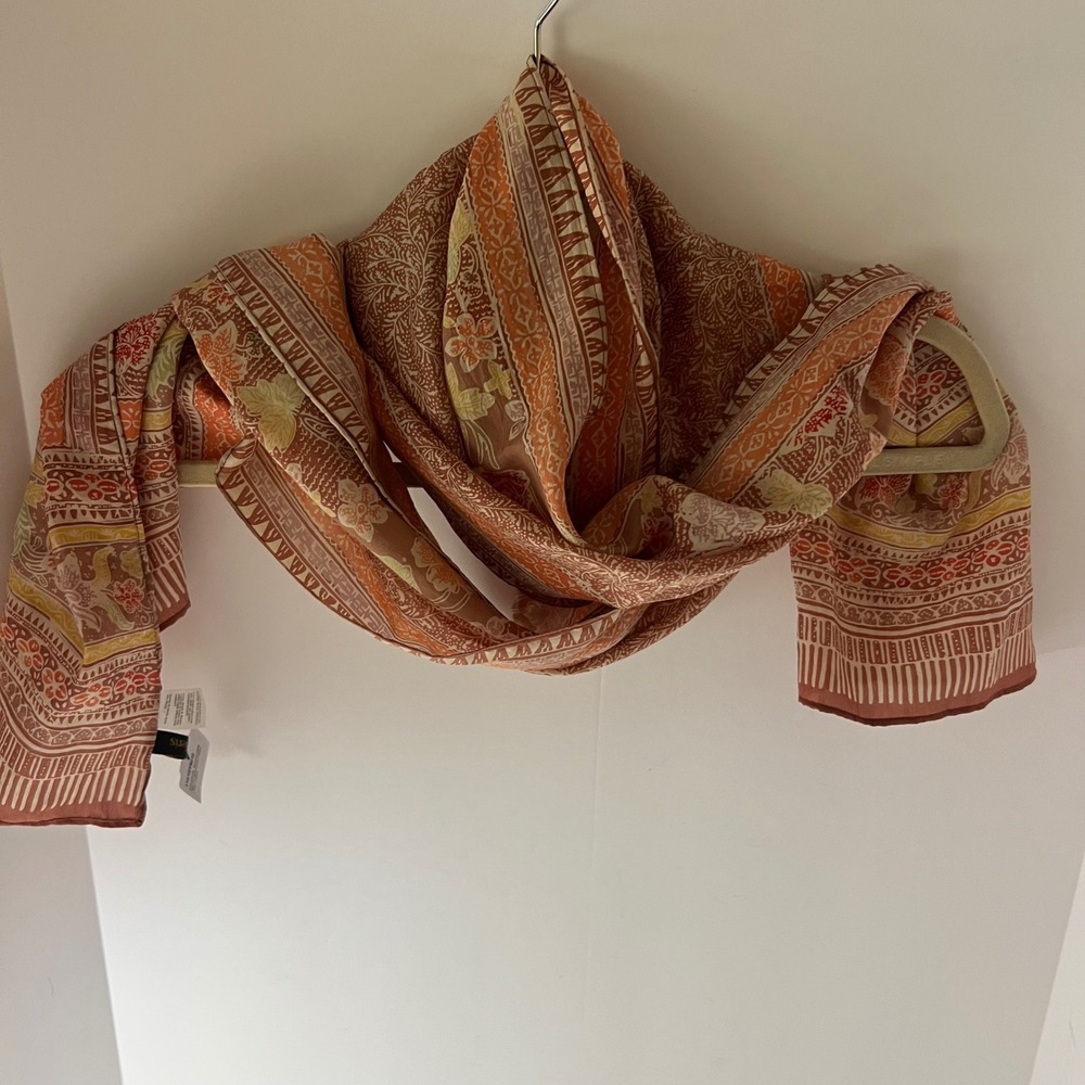 Womens Batik Keris Silk Floral Rectangular Scarf Orange Brown NWT 14 x 66"